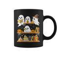Cute Halloween Ghost Bookshelf Cat Book Lover Graphic Print Coffee Mug