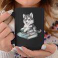 Women's Adorable Watercolor Husky Puppy Dog Reading Books Graphic Print Coffee Mug Unique Gifts