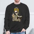 Skeleton Girl Drinking Coffee Bow Sunflower Book Lover Sweatshirt Gifts for Old Men