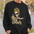 Skeleton Girl Drinking Coffee Bow Sunflower Book Lover Sweatshirt Gifts for Him
