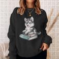 Women's Adorable Watercolor Husky Puppy Dog Reading Books Sweatshirt Gifts for Her
