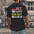Women's Hit Hard Run Fast Turn Left Baseball Quote Fan Coach Men's Back Print T-Shirt