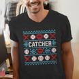 Baseball Catcher Ugly Christmas Sweater Pattern Sports Xmas Men's V-Neck T-Shirt Baseball Catcher Ugly Christmas Sweater Pattern Sports Xmas Men's V-Neck T-Shirt