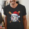 Baseball Christmas Lights Santa Christmas Baseball Player Men's V-Neck T-Shirt Baseball Christmas Lights Santa Christmas Baseball Player Men's V-Neck T-Shirt