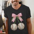 Baseball Girls Women Coquette Pink Bow Baseball Men's V-Neck T-Shirt