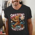 Baseball Player Christmas Gingerbread Smashing Through Snow Men's V-Neck T-Shirt Baseball Player Christmas Gingerbread Smashing Through Snow Men's V-Neck T-Shirt