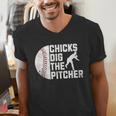 Chicks Dig The Pitcher Baseball Men's V-Neck T-Shirt Chicks Dig The Pitcher Baseball Men's V-Neck T-Shirt