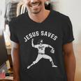 Christian Jesus Saves Baseball Pitcher Heaven 01 Sports Men's V-Neck T-Shirt Christian Jesus Saves Baseball Pitcher Heaven 01 Sports Men's V-Neck T-Shirt