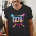 Happy 100 Days Of School Baseball Drip 100th Day Of School Men's V-Neck T-Shirt Happy 100 Days Of School Baseball Drip 100th Day Of School Men's V-Neck T-Shirt
