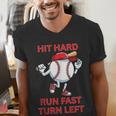 Hit Hard Run Fast Turn Left Baseball Player Men's V-Neck T-Shirt Hit Hard Run Fast Turn Left Baseball Player Men's V-Neck T-Shirt