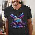 Neon Dripping Baseball And Bats Colorful Sports Art Men's V-Neck T-Shirt Neon Dripping Baseball And Bats Colorful Sports Art Men's V-Neck T-Shirt