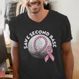 Save 2nd Base Breast Cancer Awareness Pink Ribbon Baseball Men's V-Neck T-Shirt Save 2nd Base Breast Cancer Awareness Pink Ribbon Baseball Men's V-Neck T-Shirt
