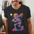 Skelton Playing Baseball Halloween Baseball Drip Boys Kids Men's V-Neck T-Shirt Skelton Playing Baseball Halloween Baseball Drip Boys Kids Men's V-Neck T-Shirt