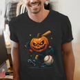 Spooky Halloween Scary Pumpkin Baseball Player Witchy Vibes Men's V-Neck T-Shirt