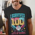 I Survived 100 Days Of School Baseball Drip Students Teacher Men's V-Neck T-Shirt