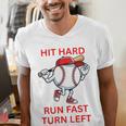 Hit Hard Run Fast Turn Left Baseball Player Premium Tri-Blend Men's V-Neck T-Shirt Hit Hard Run Fast Turn Left Baseball Player Premium Tri-Blend Men's V-Neck T-Shirt