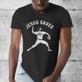 Christian Jesus Saves Baseball Pitcher Heaven 01 Sports Men's V-Neck T-Shirt Christian Jesus Saves Baseball Pitcher Heaven 01 Sports Men's V-Neck T-Shirt