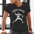 Christian Jesus Saves Baseball Pitcher Heaven 01 Sports Men's V-Neck T-Shirt Christian Jesus Saves Baseball Pitcher Heaven 01 Sports Men's V-Neck T-Shirt