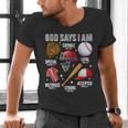 God Says I Am Baseball Player Catcher Pitcher Boys Men Men's V-Neck T-Shirt God Says I Am Baseball Player Catcher Pitcher Boys Men Men's V-Neck T-Shirt