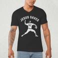 Christian Jesus Saves Baseball Pitcher Heaven 01 Sports Men's V-Neck T-Shirt Christian Jesus Saves Baseball Pitcher Heaven 01 Sports Men's V-Neck T-Shirt