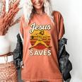 Youth Boy Baseball Jesus Saves Christian Baseball Religious Women's Comfort Colors T-Shirt Yam