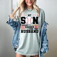 My Son Throws Harder Than Your Husband Baseball Mom Women's Comfort Colors T-Shirt Denim My Son Throws Harder Than Your Husband Baseball Mom Women's Comfort Colors T-Shirt Denim