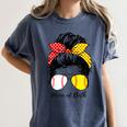 Baseball Mom Softball Mom Of Both Messy Bun Mother's Day Women's Comfort Colors T-Shirt Moss