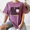 My Son Hits Harder Than Your Husband Baseball Mom Women's Comfort Colors T-Shirt Blue Jean
