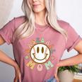 Happy Baseball Mom Groovy Retro Floral Smiling Face Women's Heather T-Shirt Heather Mauve Happy Baseball Mom Groovy Retro Floral Smiling Face Women's Heather T-Shirt Heather Mauve