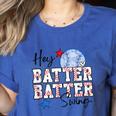 Hey Batter Batter Swing Graphic For Baseball Moms Women's Heather T-Shirt Heather True Royal Hey Batter Batter Swing Graphic For Baseball Moms Women's Heather T-Shirt Heather True Royal