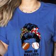 Mom Of Ballers Messy Bun Football Mom Baseball Mom Of Both Women's Heather T-Shirt Heather True Royal