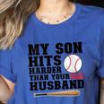 My Son Hits Harder Than Your Husband Baseball Mom Women's Heather T-Shirt Heather True Royal My Son Hits Harder Than Your Husband Baseball Mom Women's Heather T-Shirt Heather True Royal