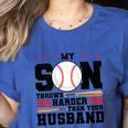 My Son Throws Harder Than Your Husband Baseball Mom Women's Heather T-Shirt Heather True Royal
