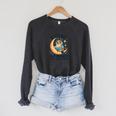 6-7 Nights Reading Owl On Moon Book Lover Reading Raglan Sleeve Sweatshirt Dark Grey Heather