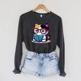 Adorable Book Lover Calico Cat With Reading Glasses Cute For Men Women Kids Raglan Sleeve Sweatshirt Dark Grey Heather