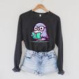 Adorable Book Lover Pigeon With Reading Glasses Cute Raglan Sleeve Sweatshirt Dark Grey Heather