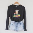 Adorable Donkey With Heart Sitting On Colorful Book Stack Raglan Sleeve Sweatshirt Dark Grey Heather