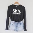 Author Novel Writer Book Lover Quote Shh I'm Plotting Raglan Sleeve Sweatshirt Dark Grey Heather