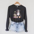 Bernese Mountain Dog Berner Bookworm Flowers Book Reading Raglan Sleeve Sweatshirt Dark Grey Heather