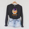 Boo Boooks Ghost Book Reading Halloween 2025 Teacher Raglan Sleeve Sweatshirt Dark Grey Heather