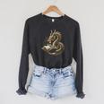 Book Lovers Dragon Fantasy Art Mythical Creatures Yellow Bookworm Chinese Dragon Raglan Sleeve Sweatshirt Dark Grey Heather