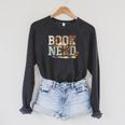Book Nerd Vintage Floral Aesthetic Leopard Print Raglan Sleeve Sweatshirt Dark Grey Heather