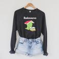 Bookasaurus T-Rex Reading Dinosaur Book Pun T Shirt Raglan Sleeve Sweatshirt Dark Grey Heather