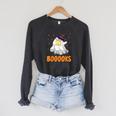 Booooks Funny Halloween Cute Ghost Book Reading Raglan Sleeve Sweatshirt Dark Grey Heather