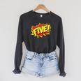 Boy Five Superhero Comic Book Hero 5th Birthday Boy 5 Years Raglan Sleeve Sweatshirt Dark Grey Heather