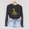 Brachiosaurus Dinosaur Reading Book Nerd Raglan Sleeve Sweatshirt Dark Grey Heather