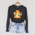 Capybara Reading a Book With Bubble Tea Raglan Sleeve Sweatshirt Dark Grey Heather