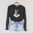Cat Bookworm Reading Book Graphic Raglan Sleeve Sweatshirt Dark Grey Heather