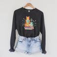 Cat Reading Book Lover Coffee Books Teacher Librarian Cat Raglan Sleeve Sweatshirt Dark Grey Heather