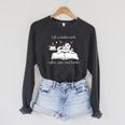 Cat Reads a Book Reading Coffee Raglan Sleeve Sweatshirt Dark Grey Heather